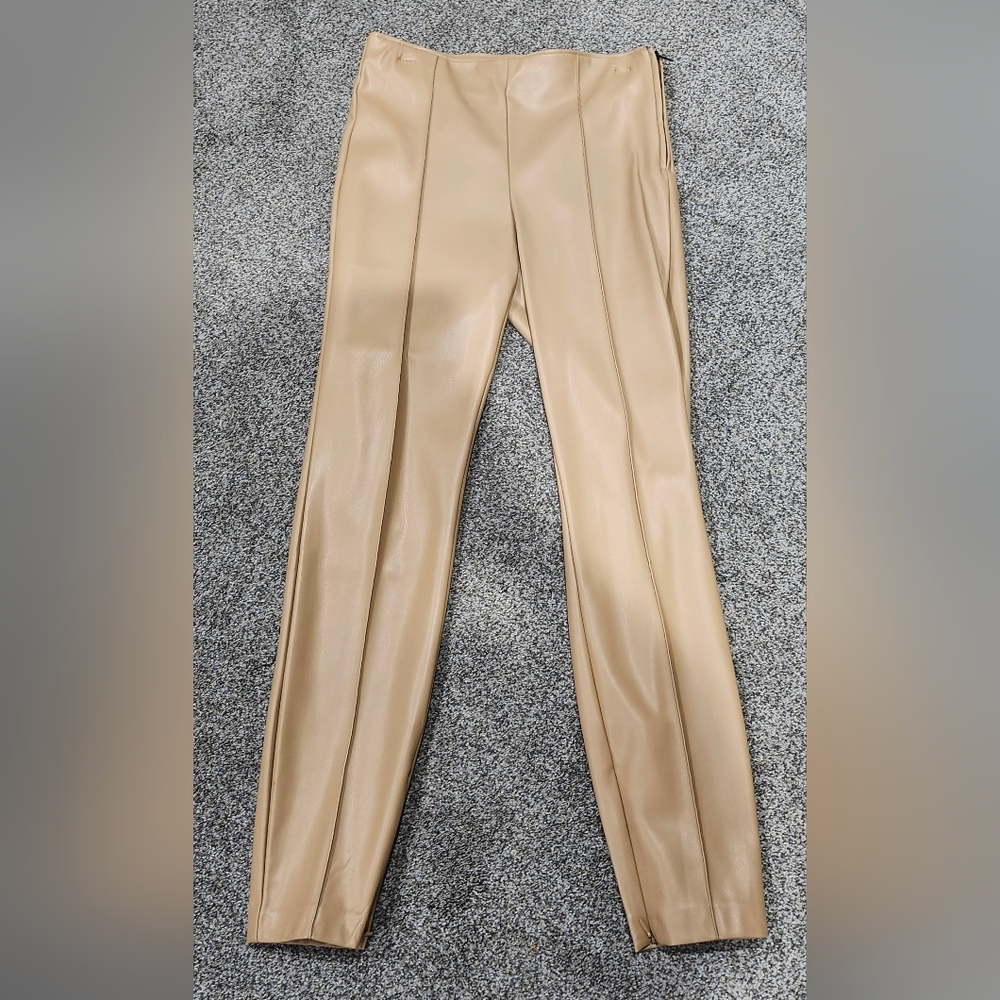 Zara Faux Leather Tan Side Zip Ankle Tights Size L